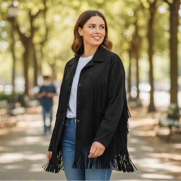 Zara Black Fringe Western Style Retro Jacket Size L Side Pockets Long Sleeves - Picture 2 of 15